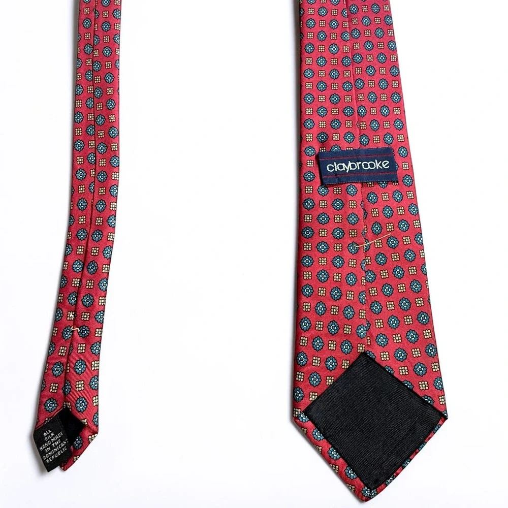 Claybrooke Mens Silk Necktie Red Teal Gold Medallion Geometric‎ Hand Made Tie